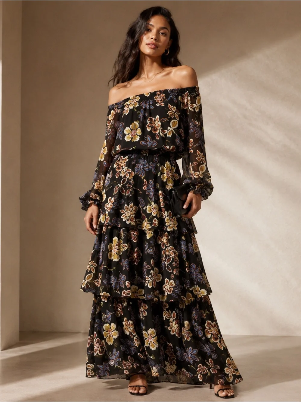 Tory Burch Indie Tiered 100% Silk Georgette Floral Maxi Dress 8